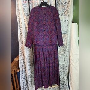 Vintage 80s Leslie Fay Long Sleeve Purple Paisly Secretary Jacket, Skirt Set